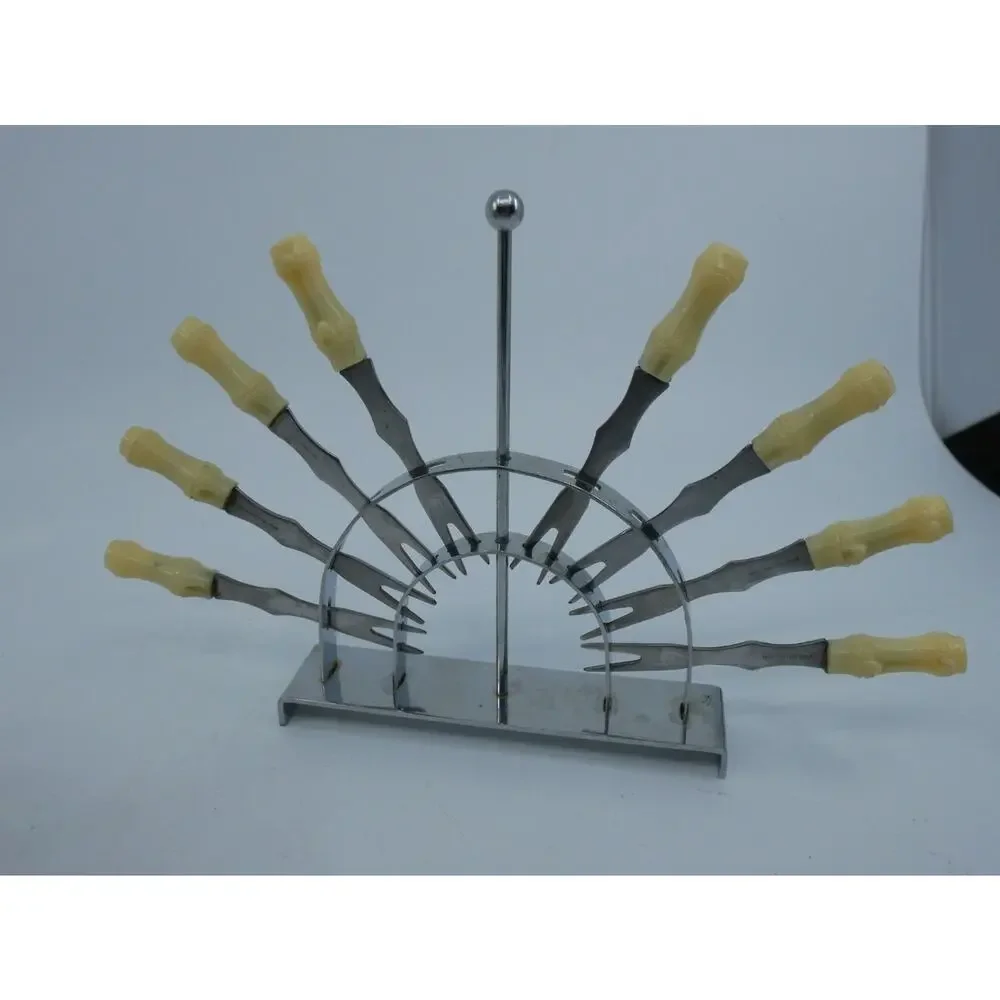 2 Vintage Cocktail Forks Beige Plastic Bamboo Tiki Style & Holder
